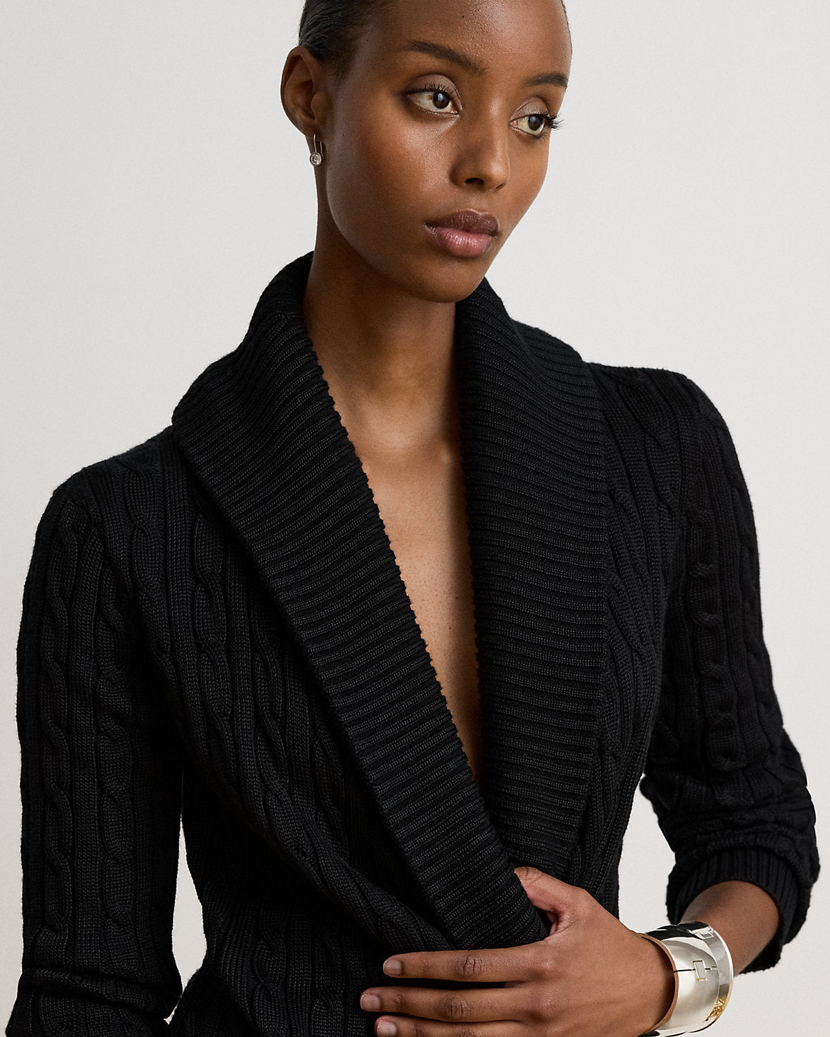 Cable Cotton-Blend Shawl-Collar Sweater