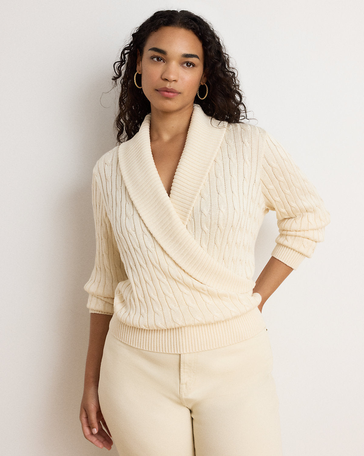 Cable Cotton-Blend Shawl-Collar Sweater