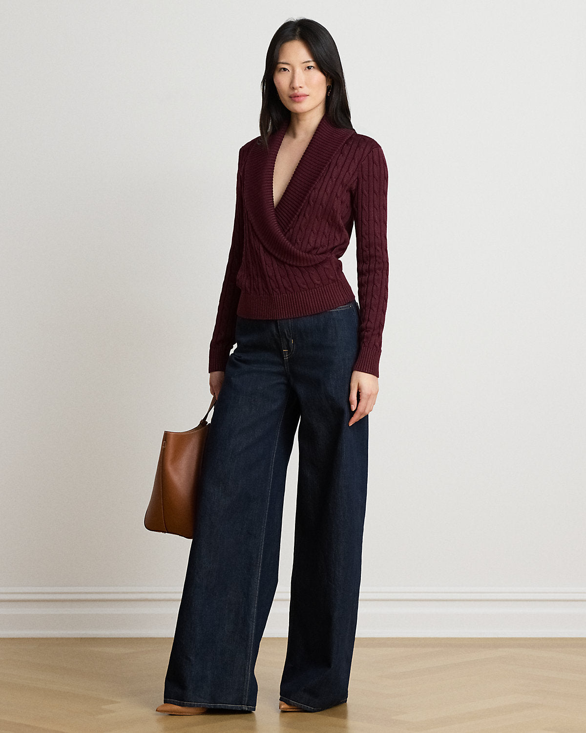 Cable Cotton-Blend Shawl-Collar Sweater