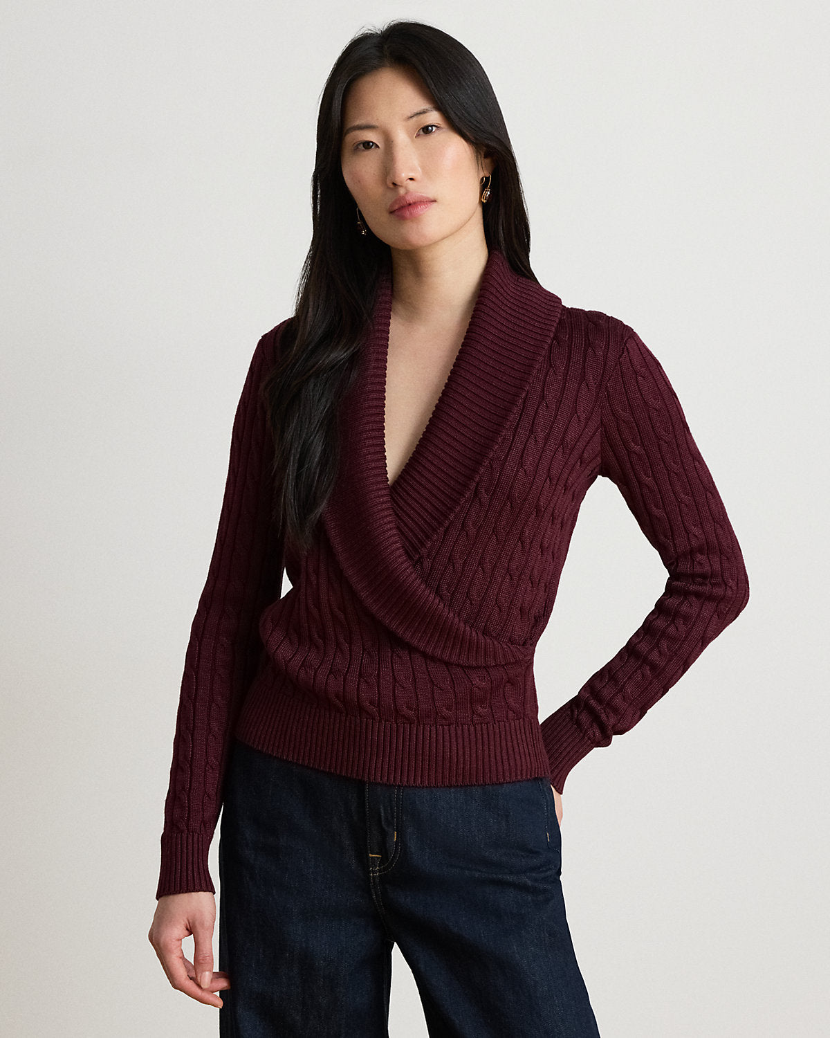 Cable Cotton-Blend Shawl-Collar Sweater