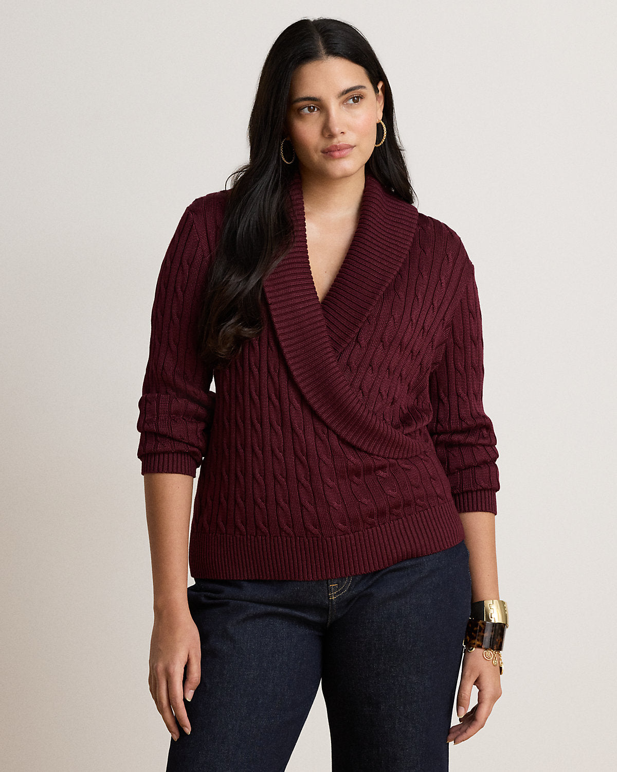 Cable Cotton-Blend Shawl-Collar Sweater