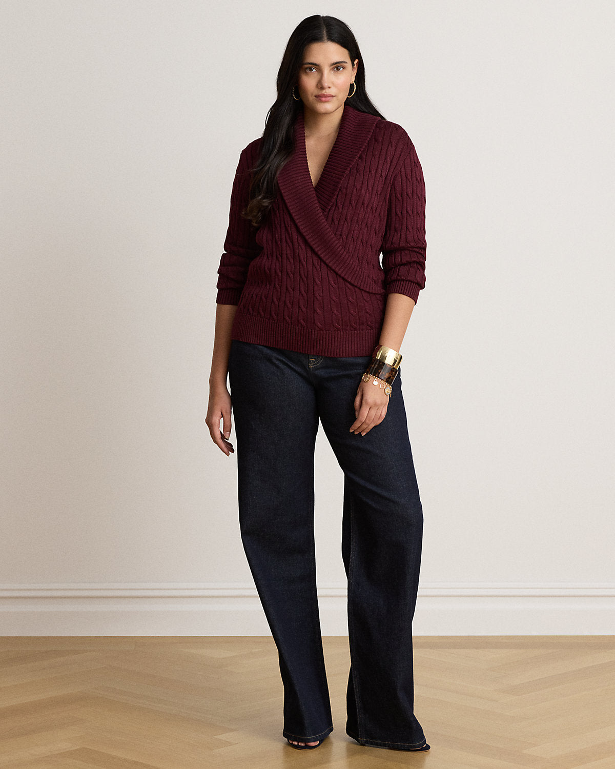 Cable Cotton-Blend Shawl-Collar Sweater