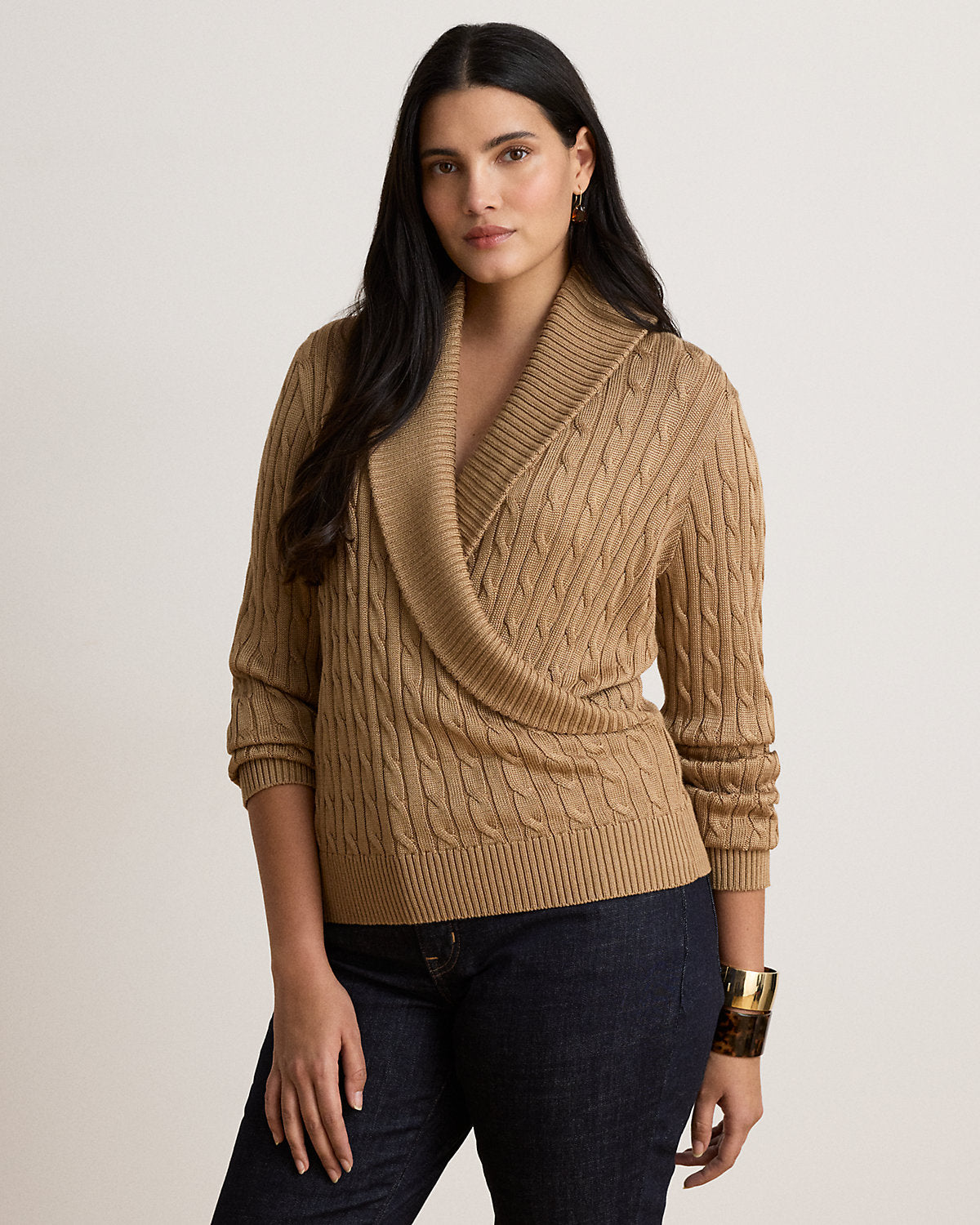 Cable Cotton-Blend Shawl-Collar Sweater