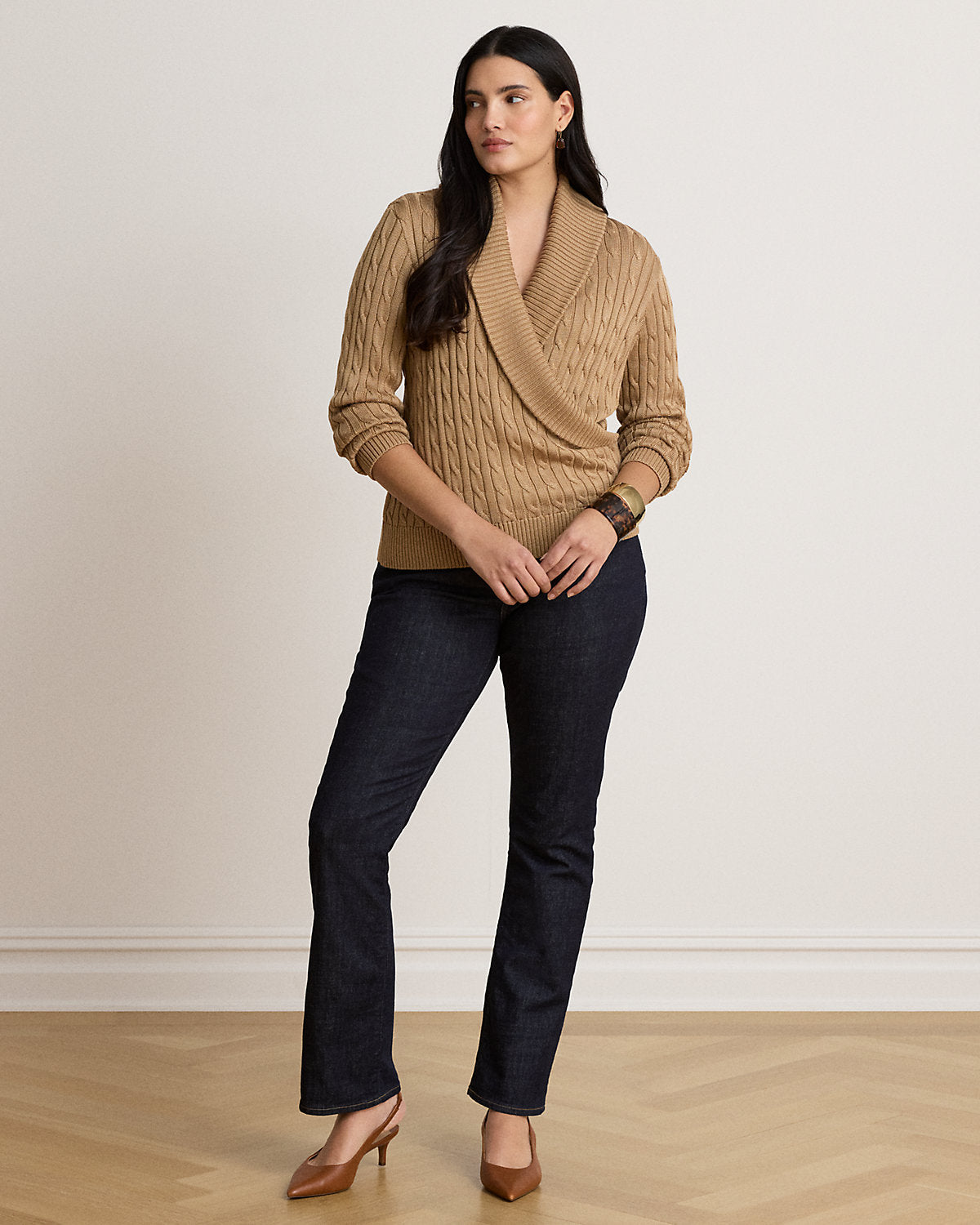 Cable Cotton-Blend Shawl-Collar Sweater