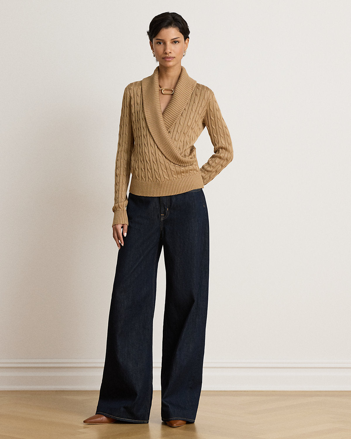 Cable Cotton-Blend Shawl-Collar Sweater