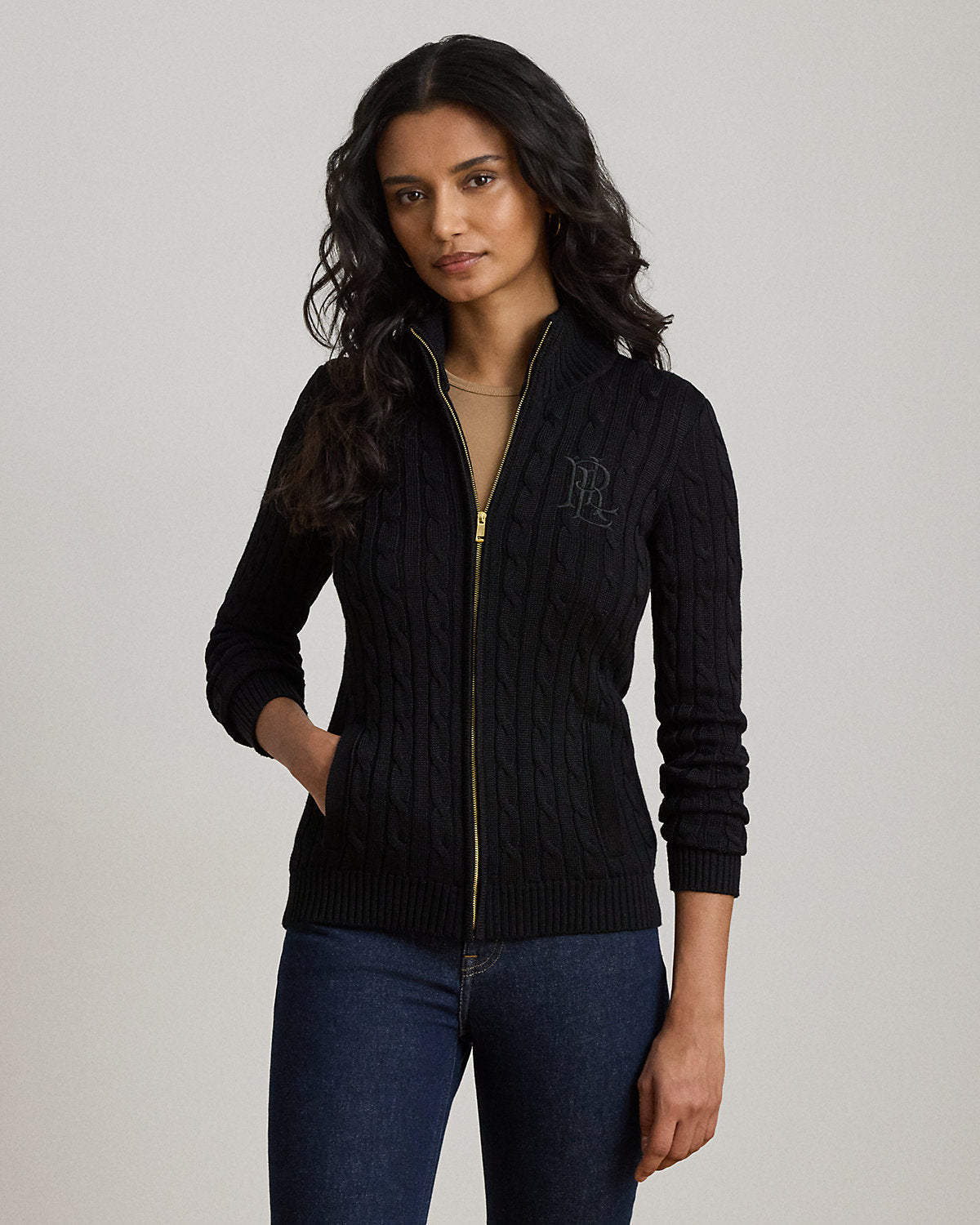 Cable-Knit Full-Zip Mockneck Sweater