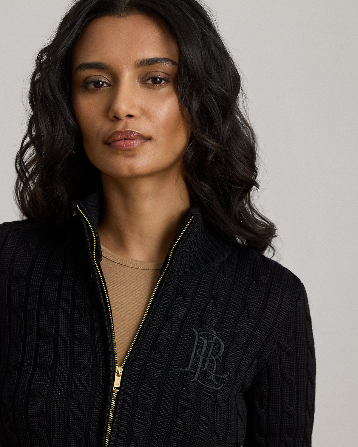 Cable-Knit Full-Zip Mockneck Sweater