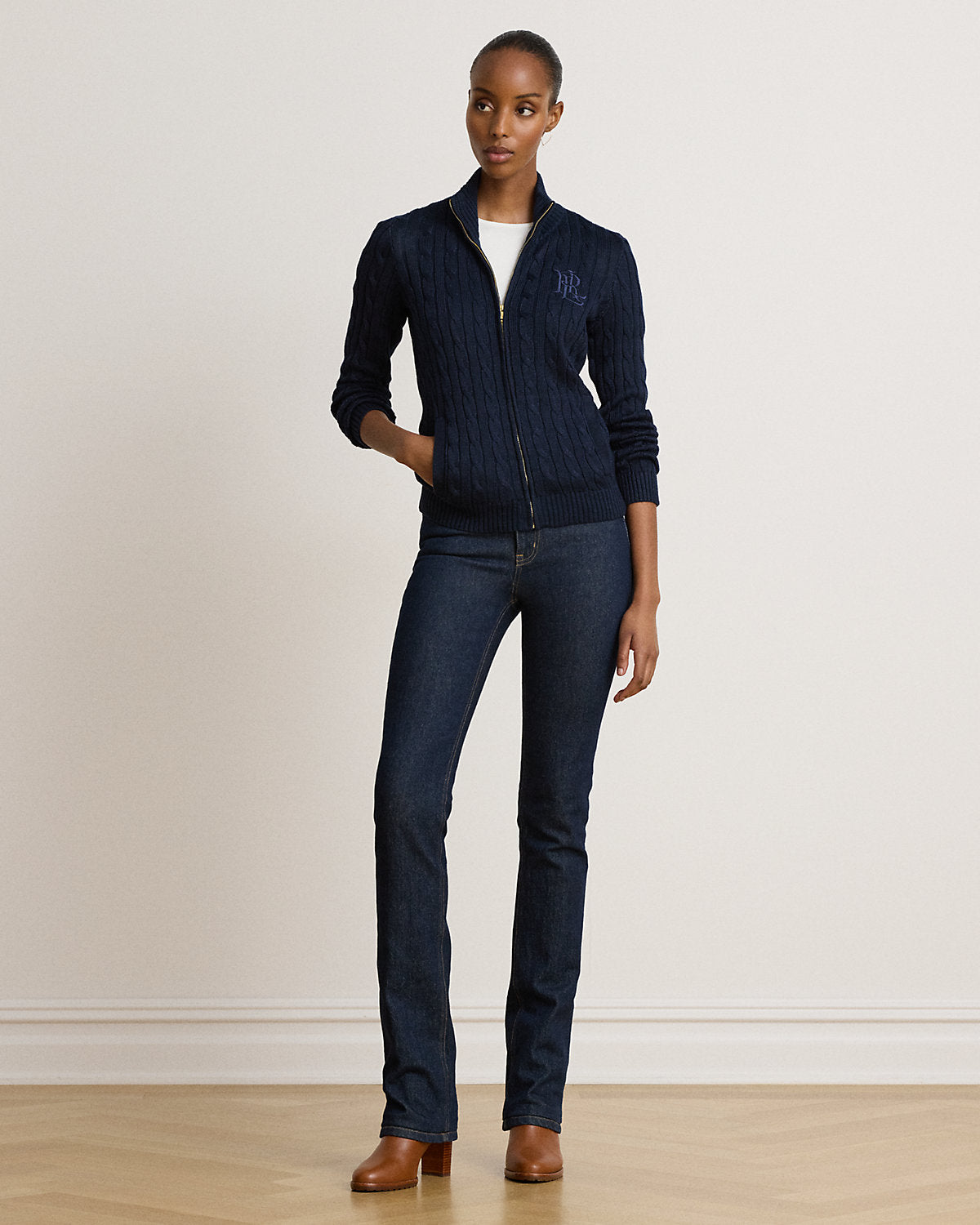 Cable-Knit Full-Zip Mockneck Sweater
