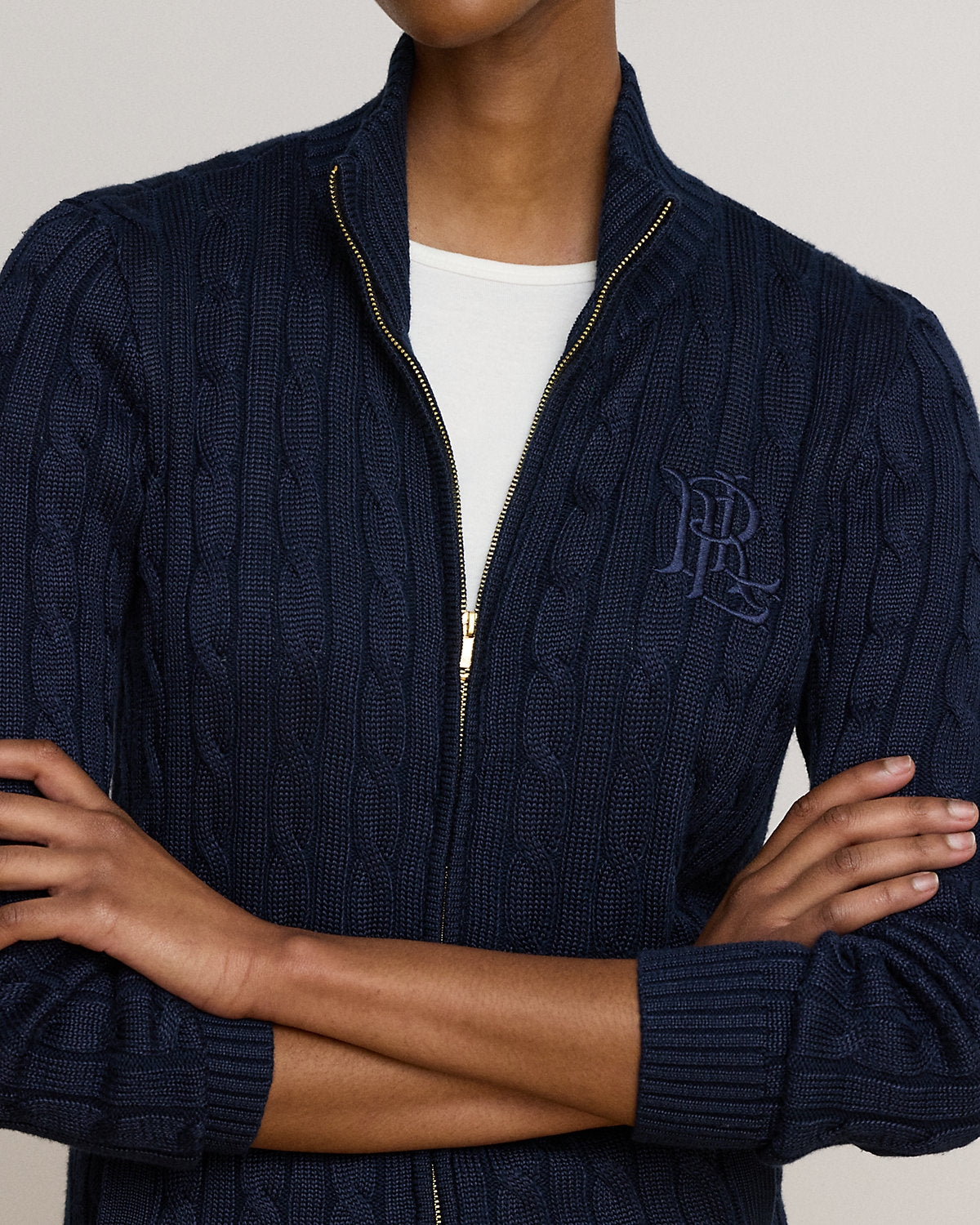 Cable-Knit Full-Zip Mockneck Sweater