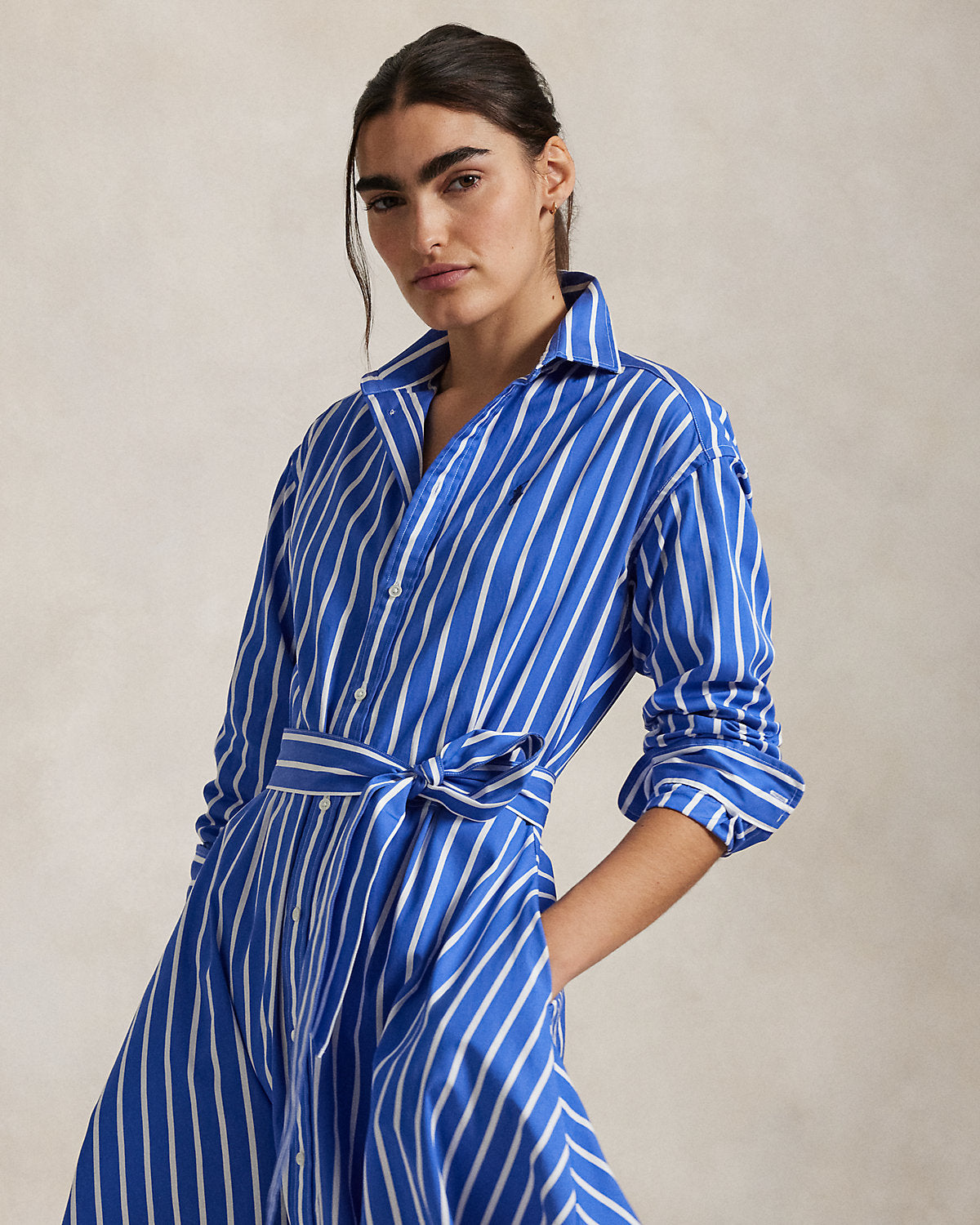 Belted Wide-Stripe Cotton Shirtdress