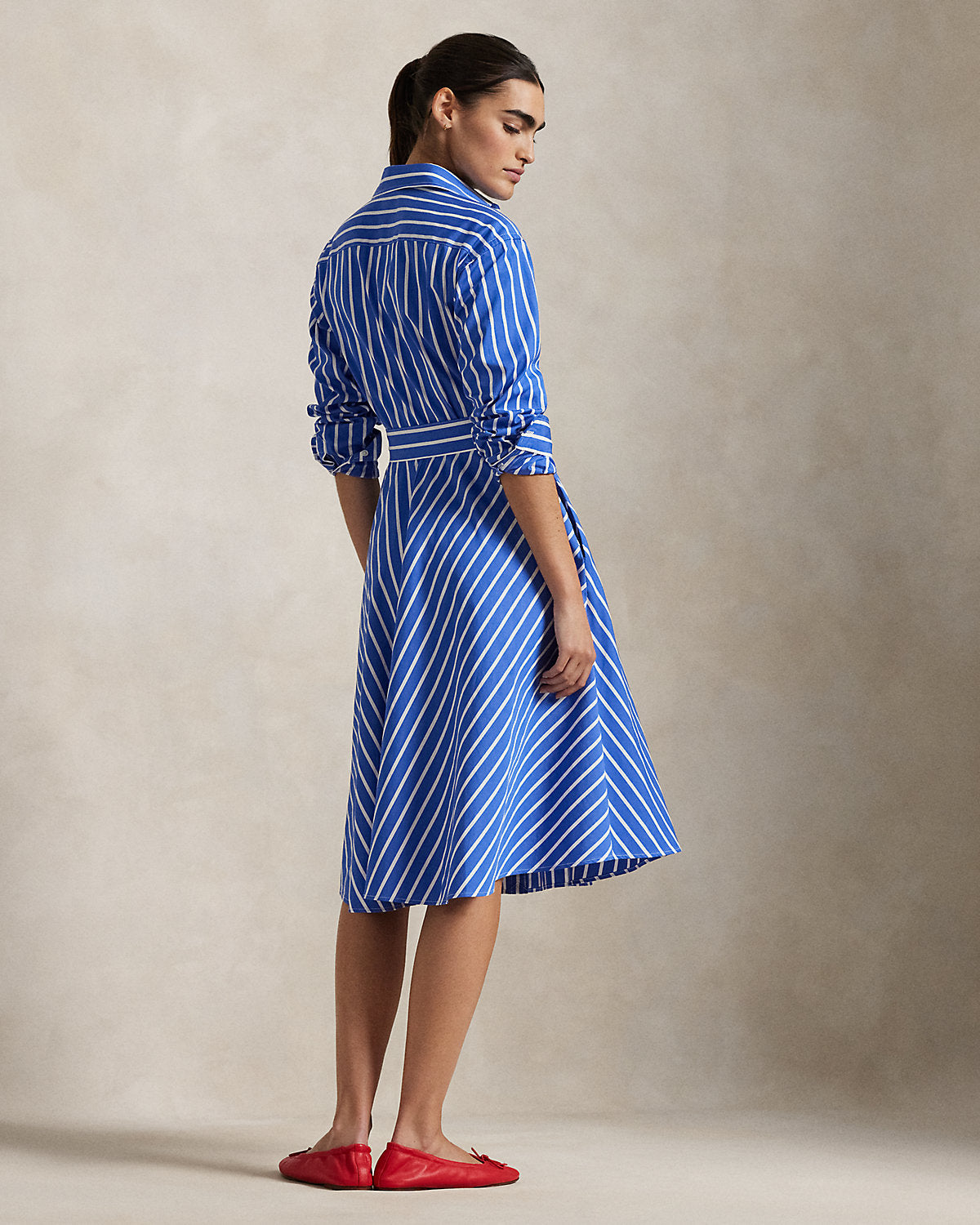 Belted Wide-Stripe Cotton Shirtdress