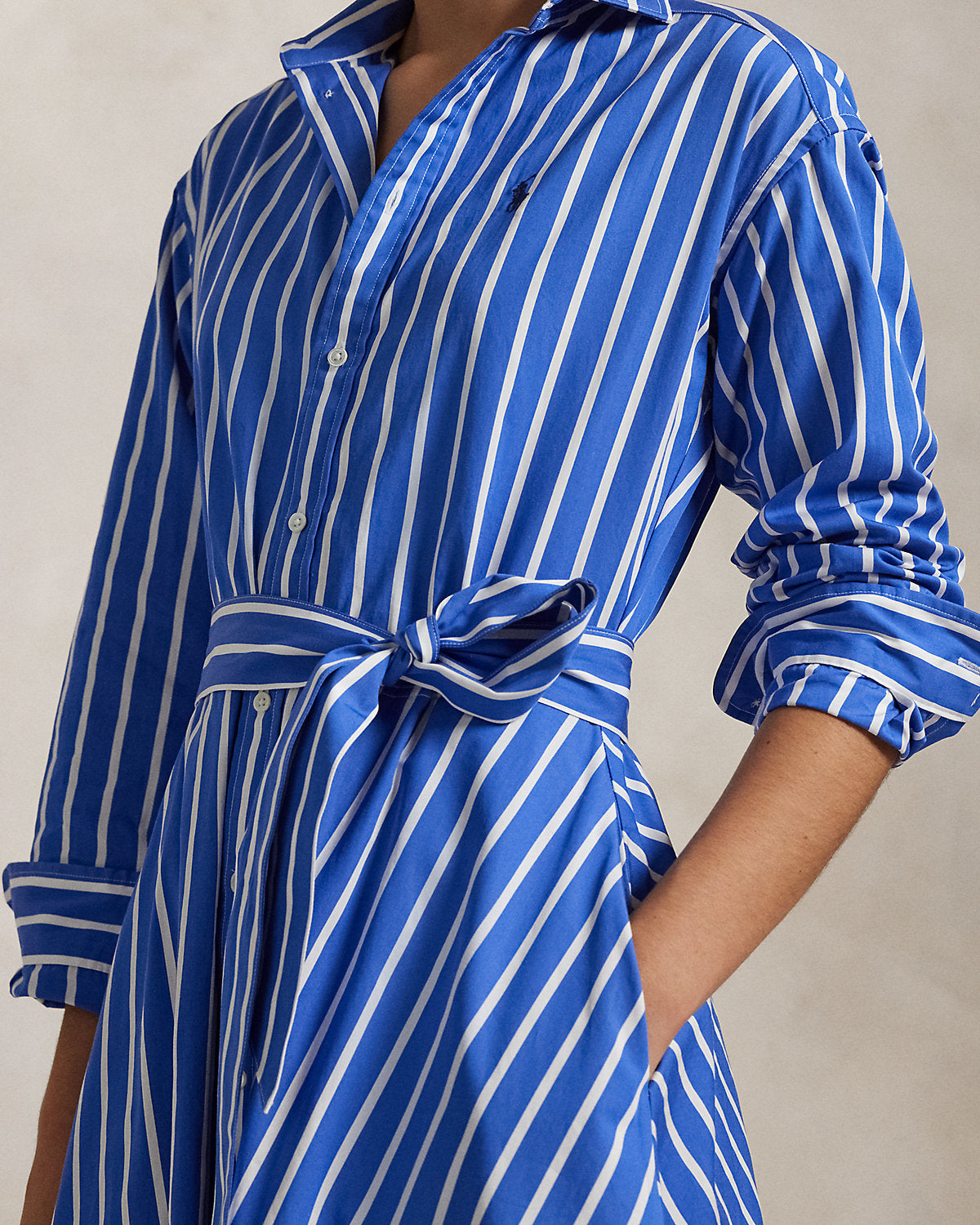 Belted Wide-Stripe Cotton Shirtdress
