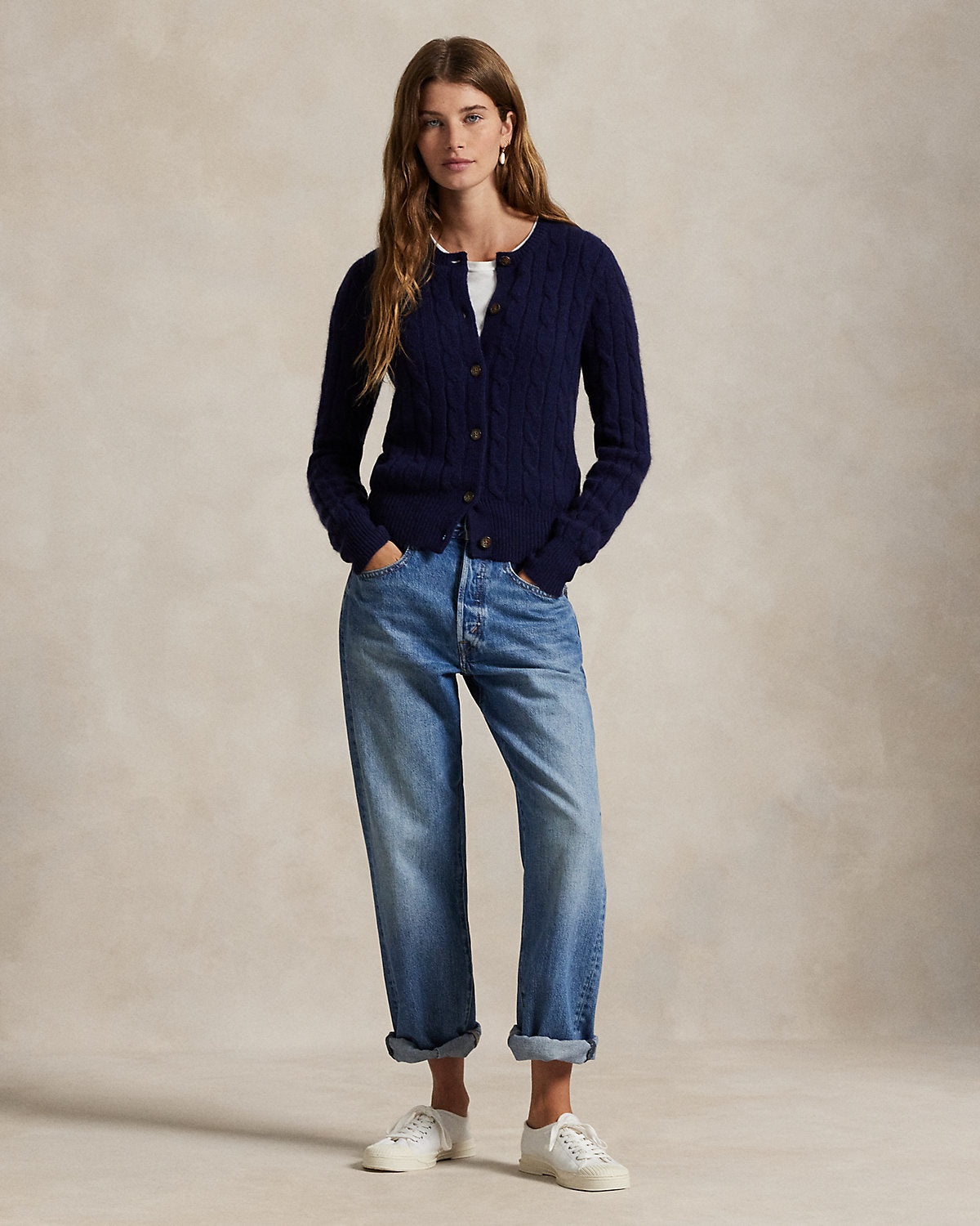 Cable-Knit Cashmere Crewneck Cardigan