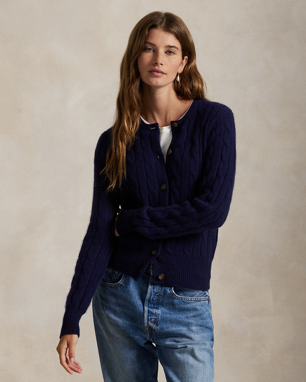Cable-Knit Cashmere Crewneck Cardigan