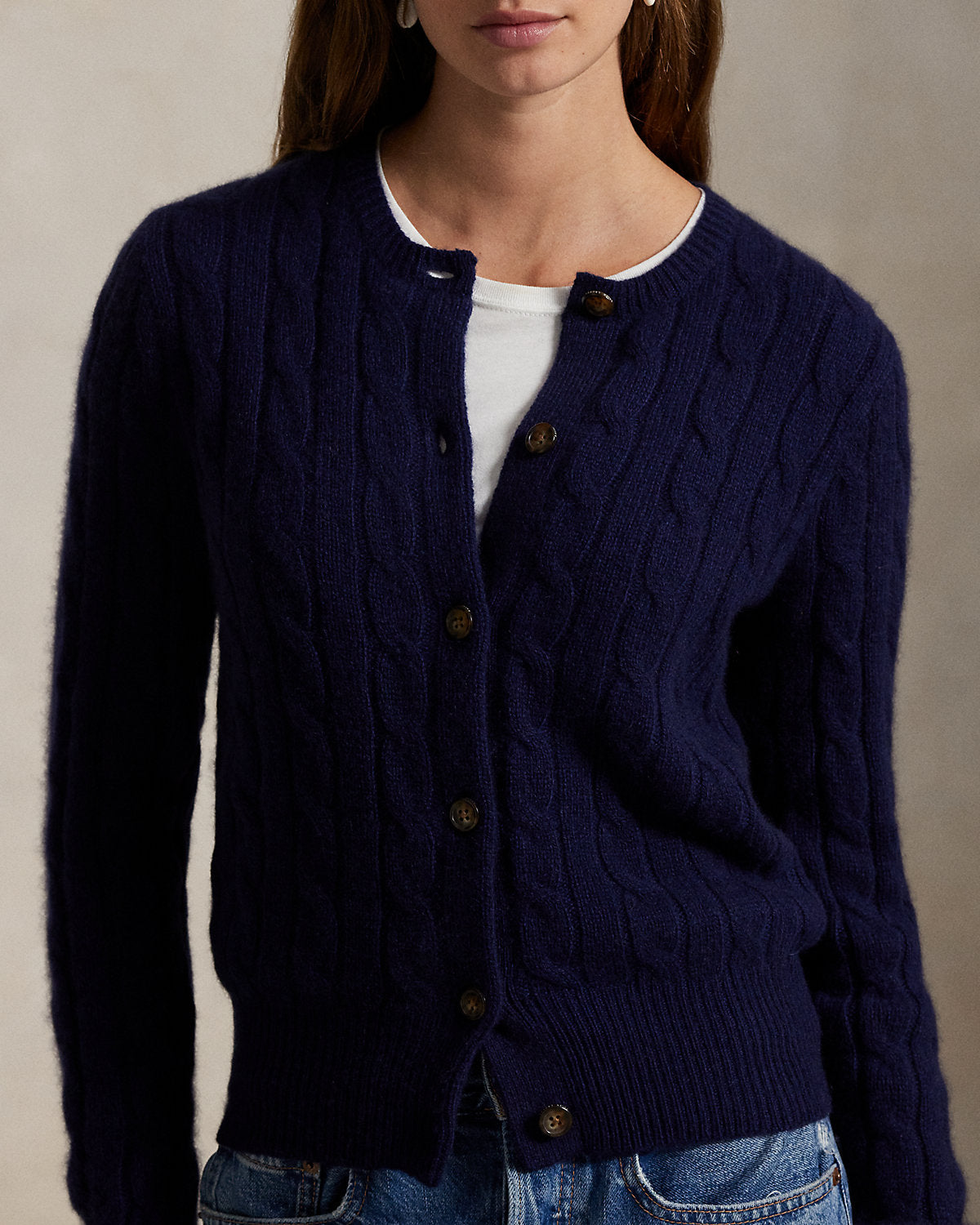 Cable-Knit Cashmere Crewneck Cardigan