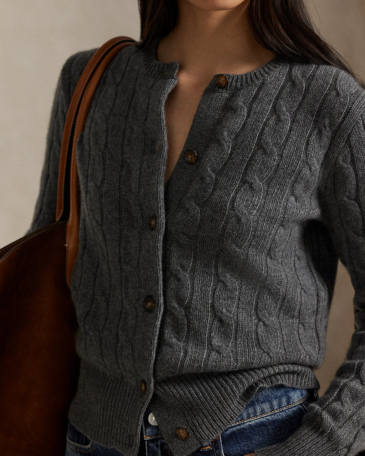 Cable-Knit Cashmere Crewneck Cardigan