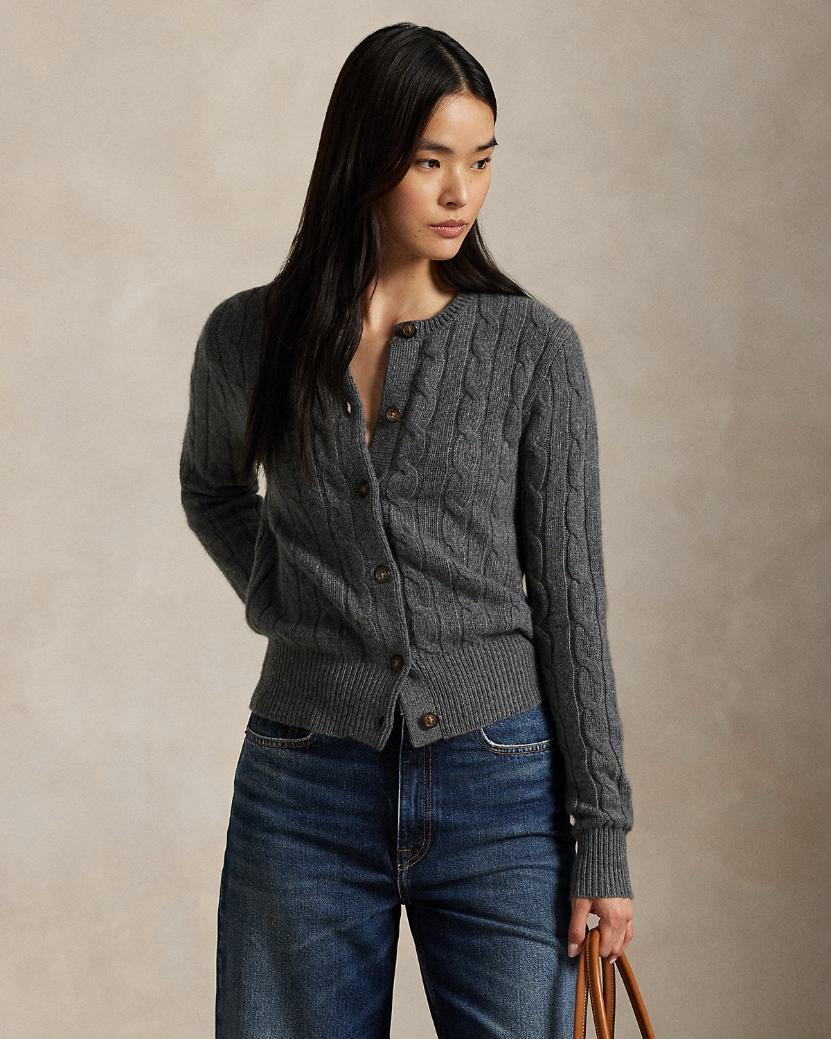 Cable-Knit Cashmere Crewneck Cardigan