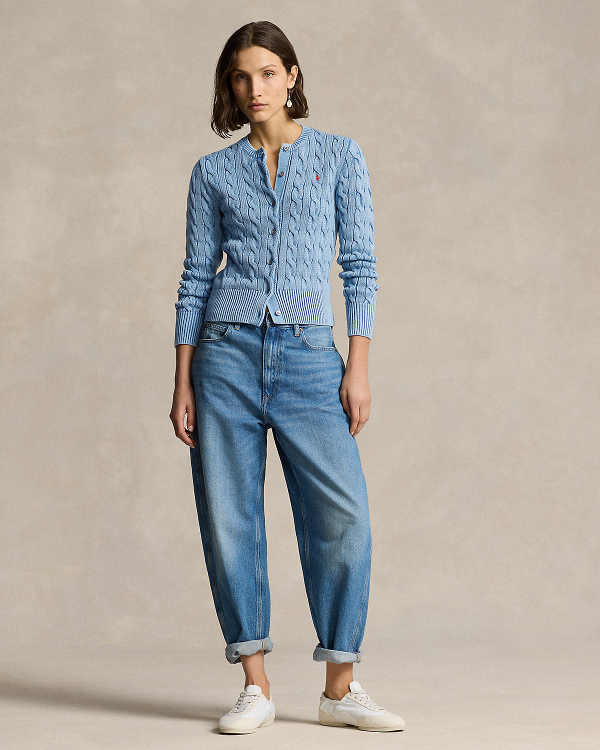 Cable-Knit Cotton Crewneck Cardigan
