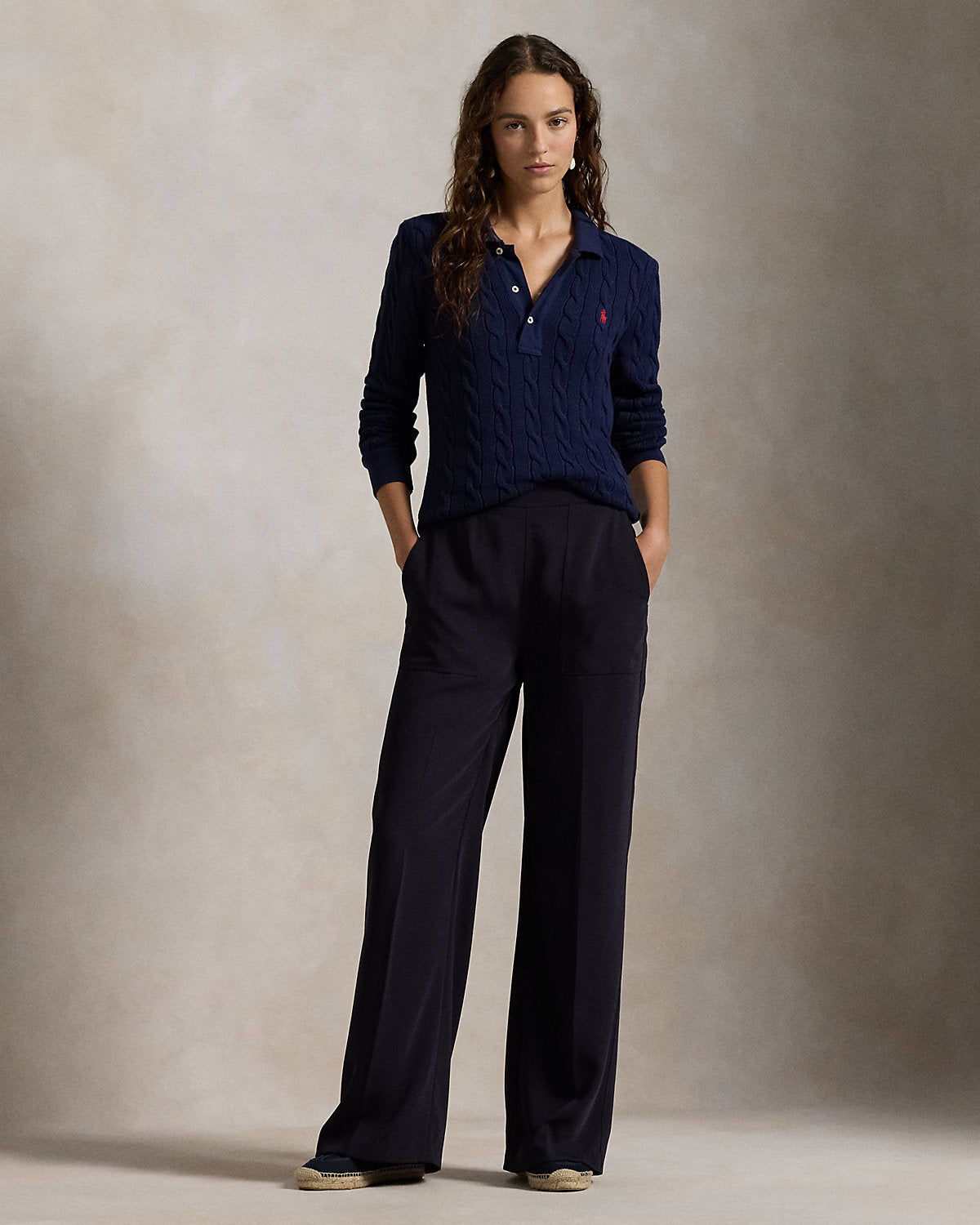 Cable-Knit Cotton Long-Sleeve Polo Shirt