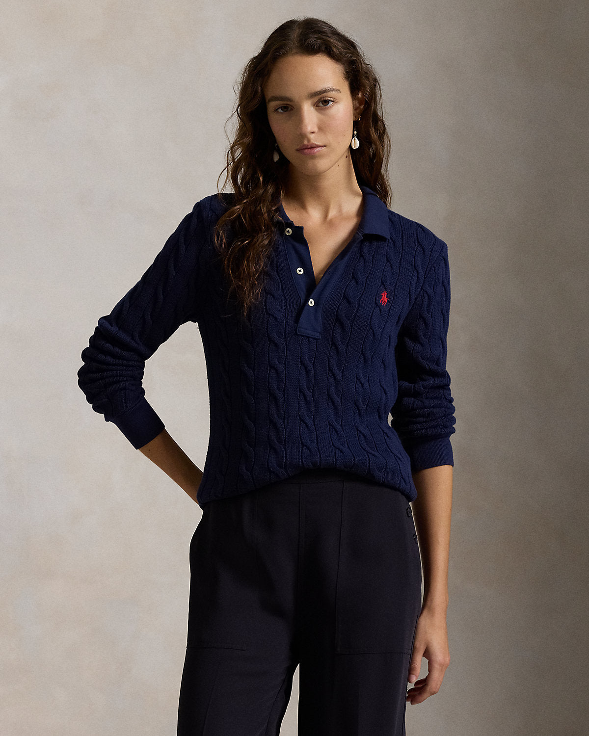Cable-Knit Cotton Long-Sleeve Polo Shirt