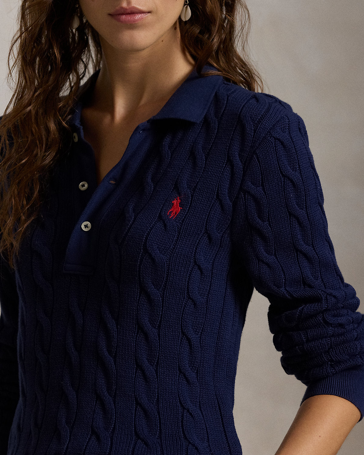 Cable-Knit Cotton Long-Sleeve Polo Shirt