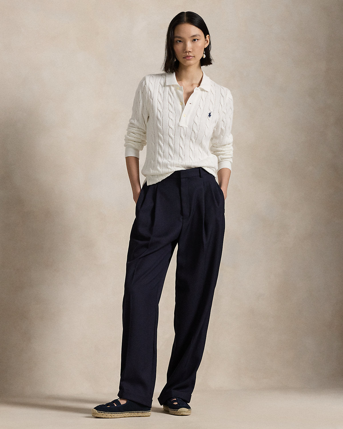 Cable-Knit Cotton Long-Sleeve Polo Shirt
