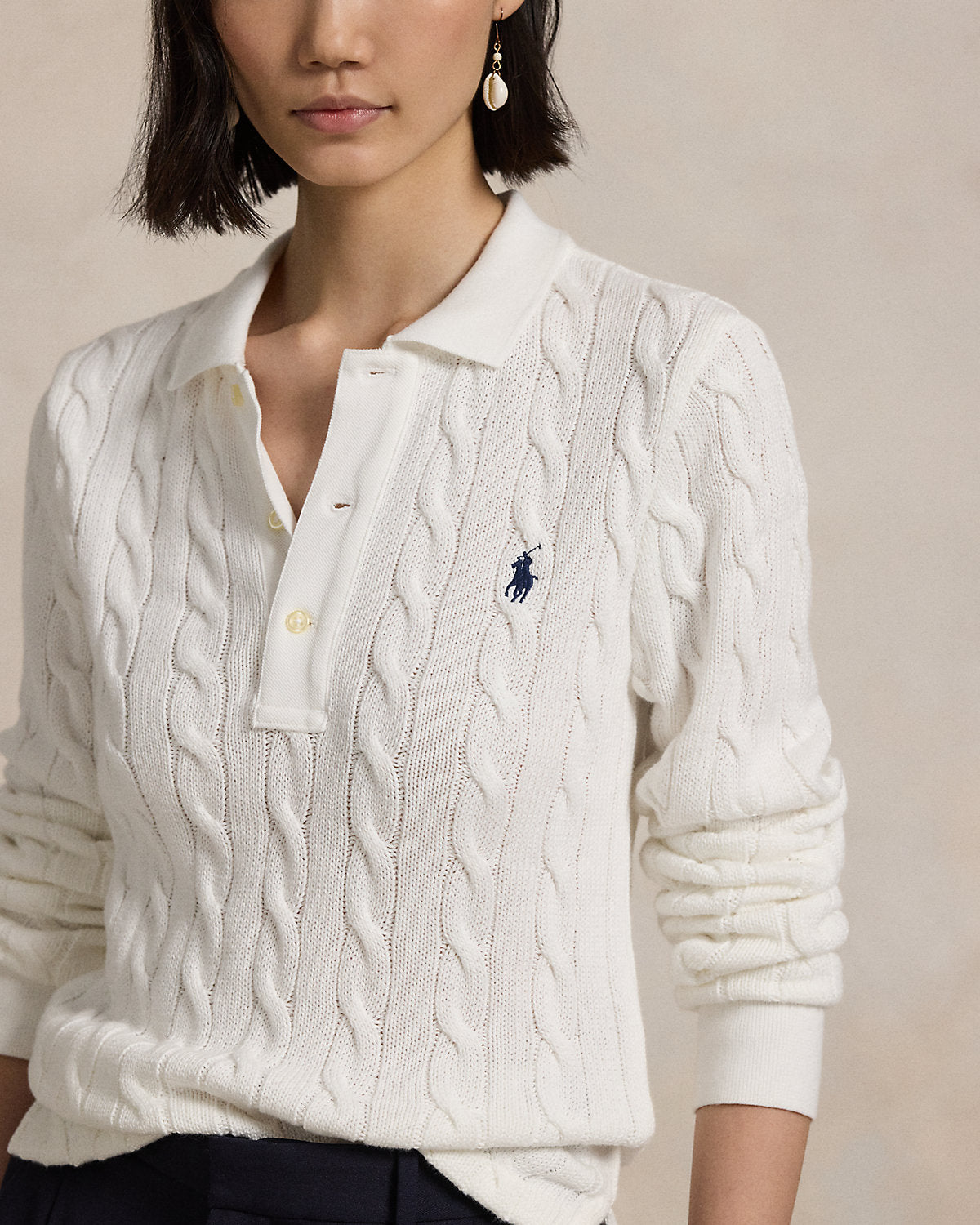 Cable-Knit Cotton Long-Sleeve Polo Shirt