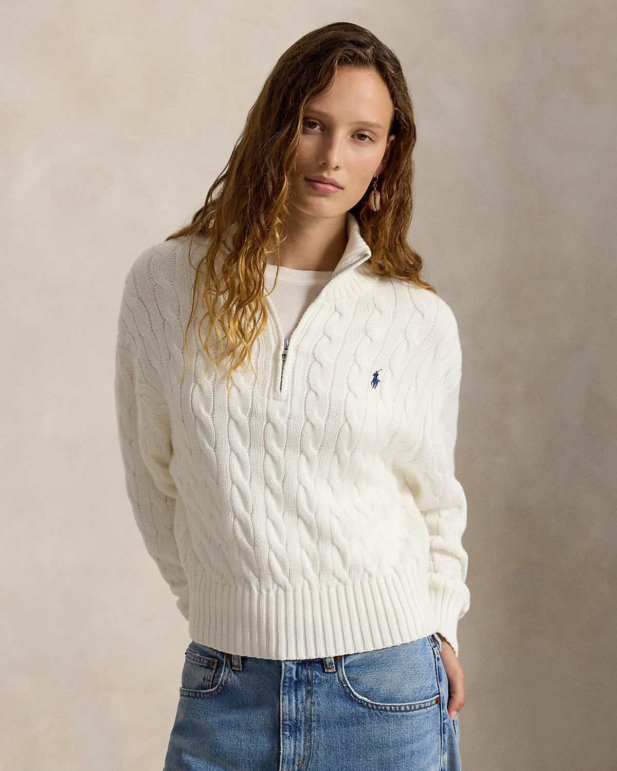 Women's Cable-Knit Cotton Quarter-Zip Sweater