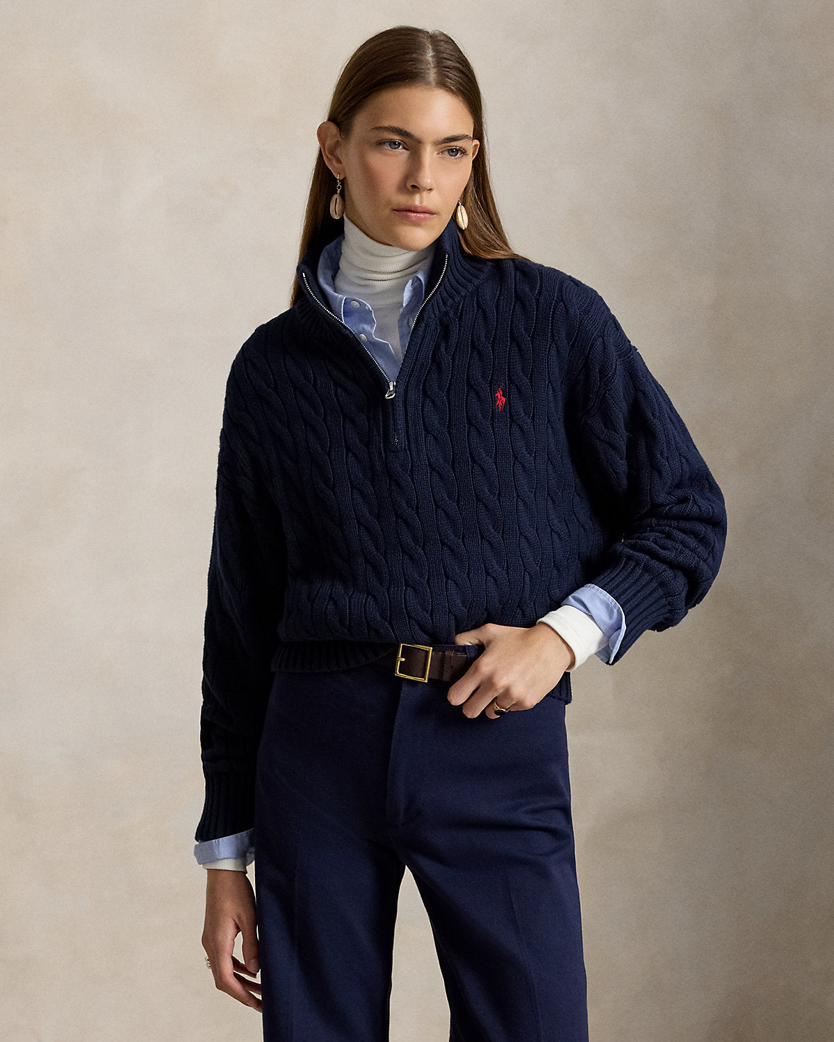 Women's Cable-Knit Cotton Quarter-Zip Sweater