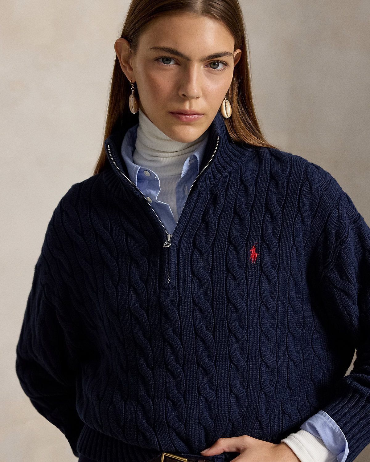 Women's Cable-Knit Cotton Quarter-Zip Sweater