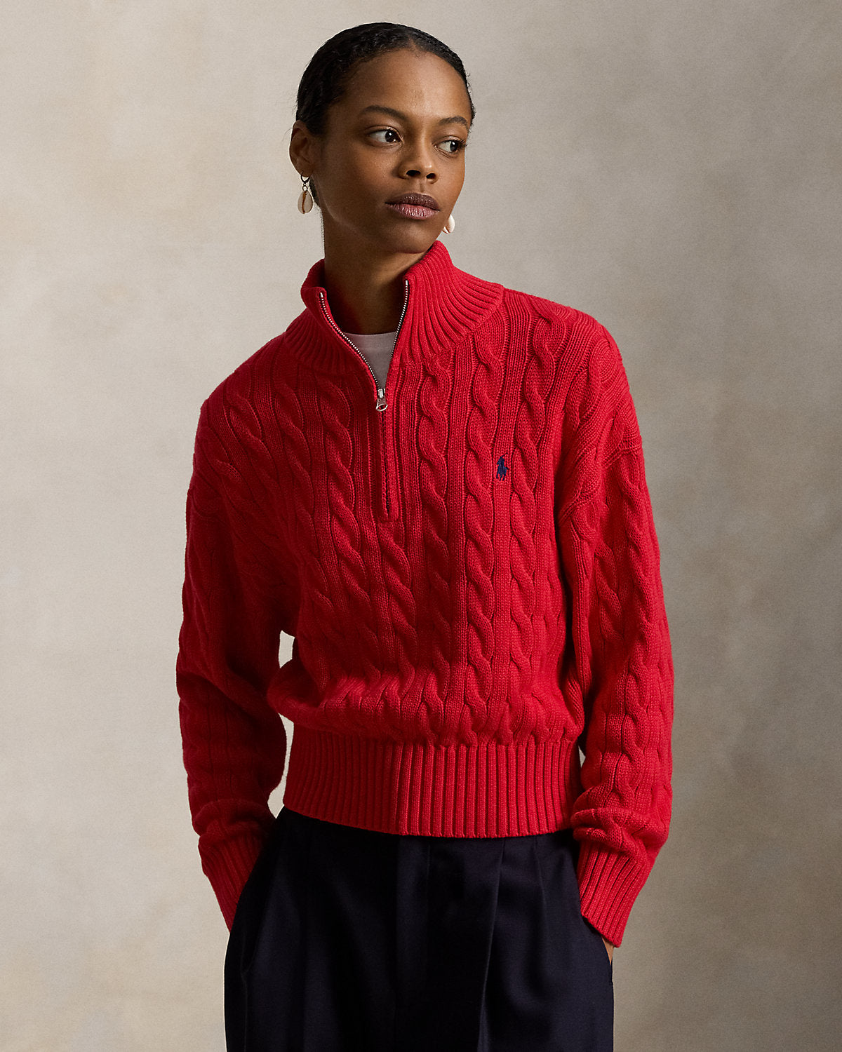 Women's Cable-Knit Cotton Quarter-Zip Sweater