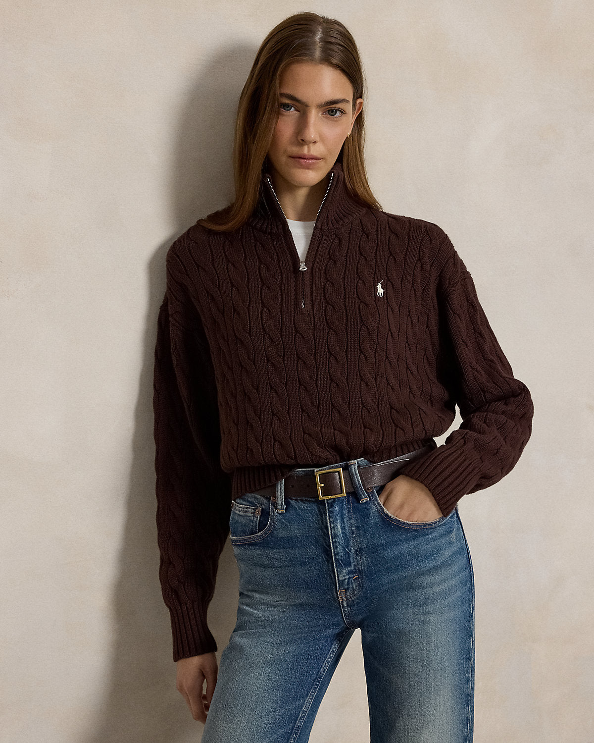 Women's Cable-Knit Cotton Quarter-Zip Sweater