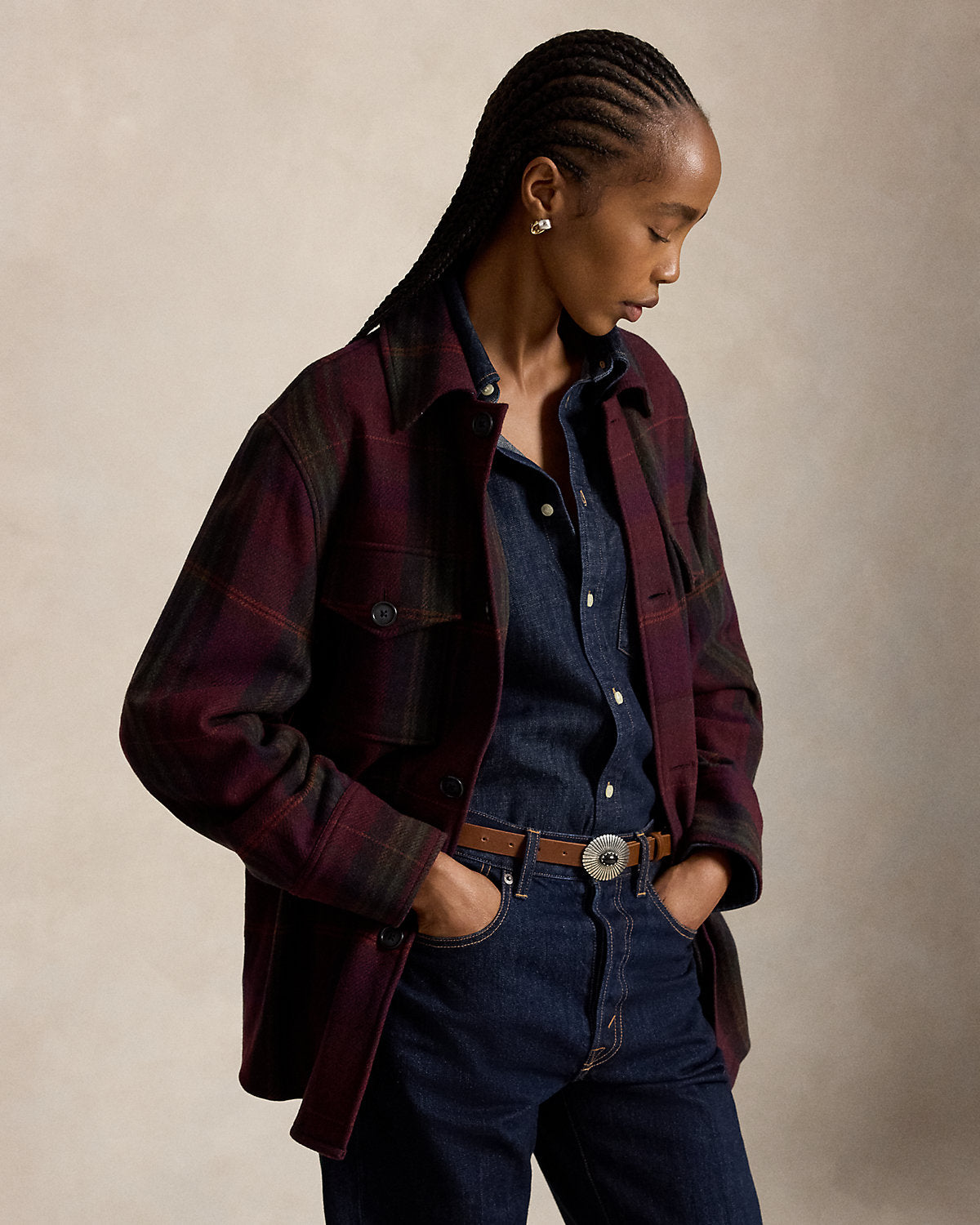 Plaid Wool-Blend Twill Shirt Jacket