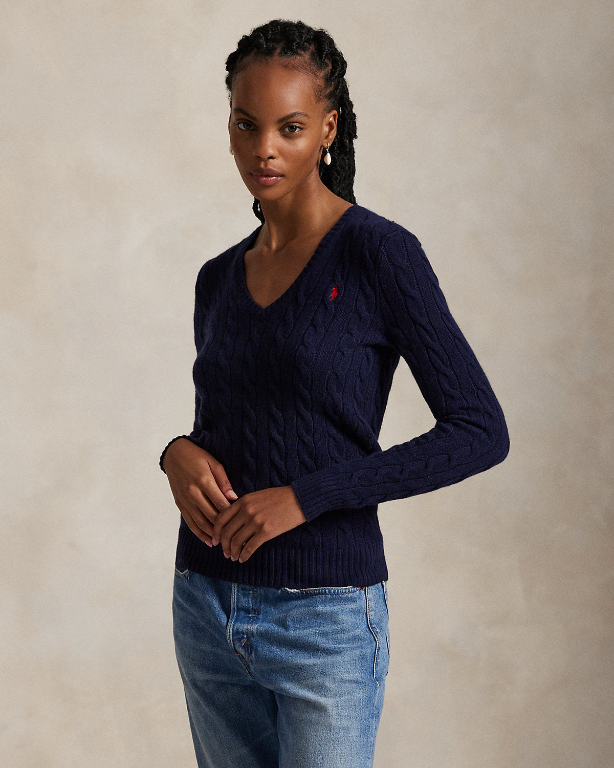 Cable-Knit Wool-Cashmere V-Neck Sweater