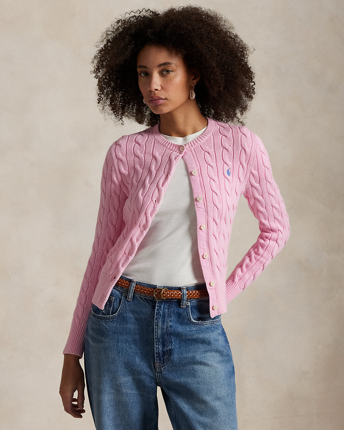 Cable-Knit Cotton Crewneck Cardigan