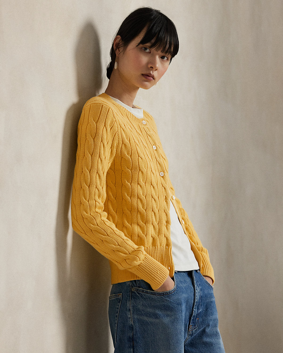 Cable-Knit Cotton Crewneck Cardigan