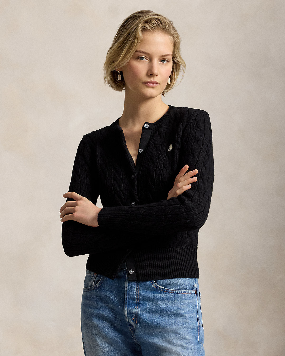 Cable-Knit Cotton Crewneck Cardigan