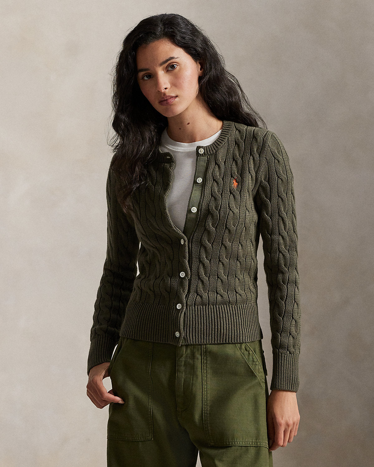 Cable-Knit Cotton Crewneck Cardigan
