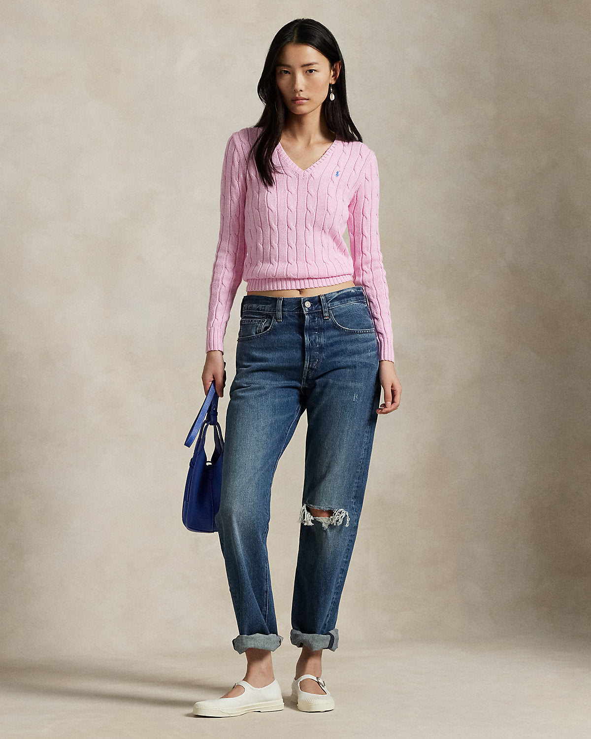 Cable-Knit Cotton V-Neck Sweater