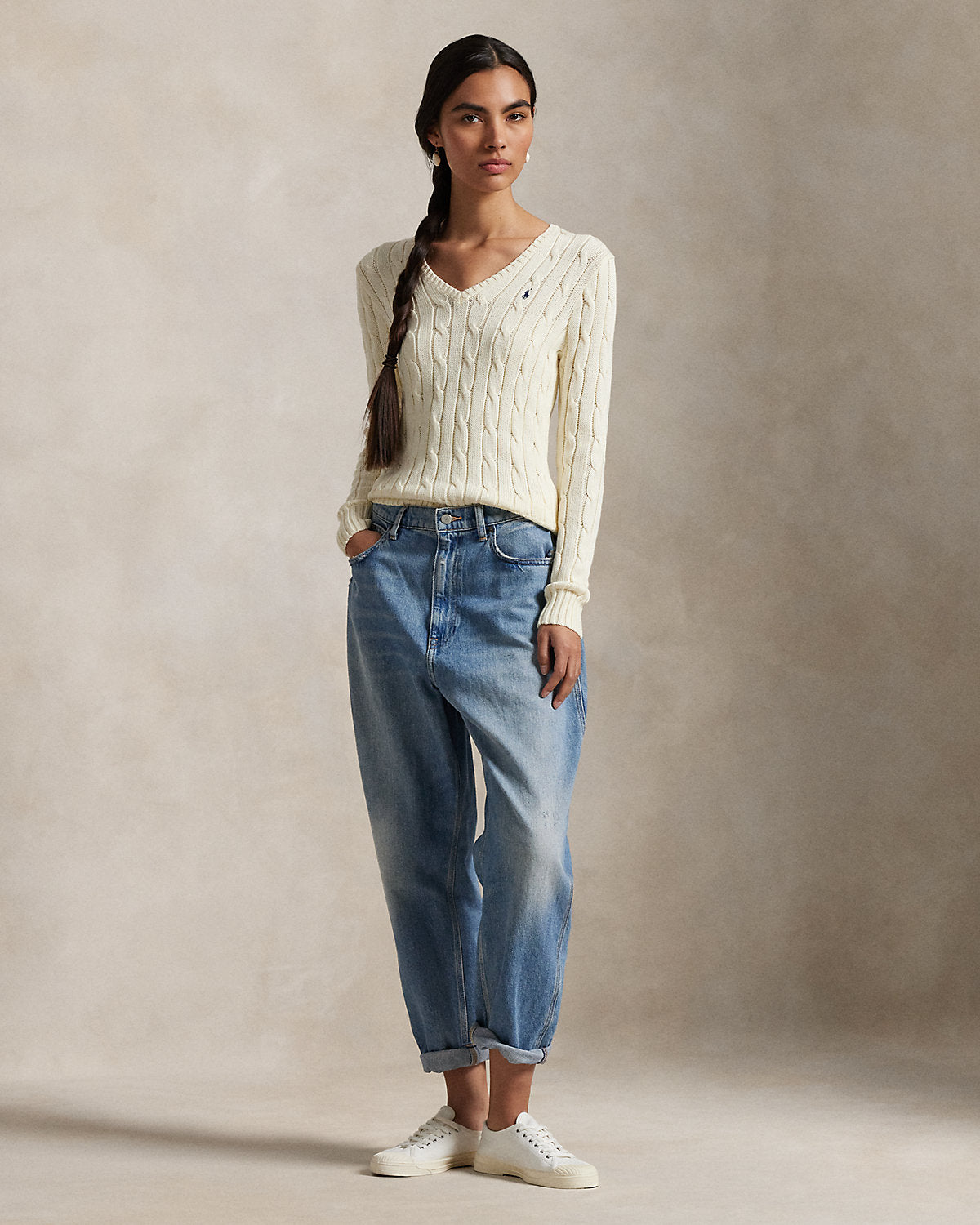 Cable-Knit Cotton V-Neck Sweater