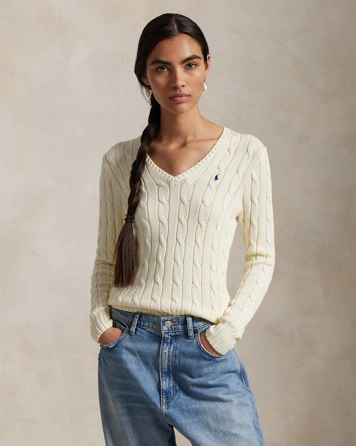 Cable-Knit Cotton V-Neck Sweater