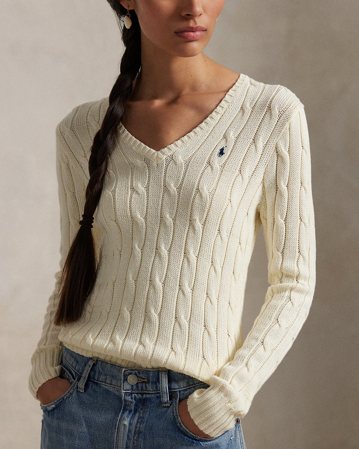 Cable-Knit Cotton V-Neck Sweater