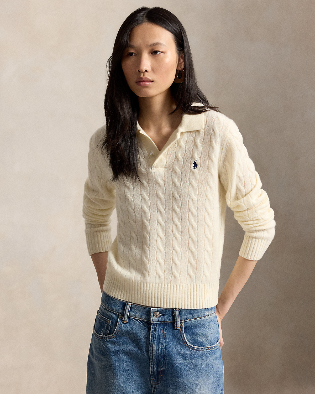 Cable-Knit Wool-Cashmere Polo Sweater