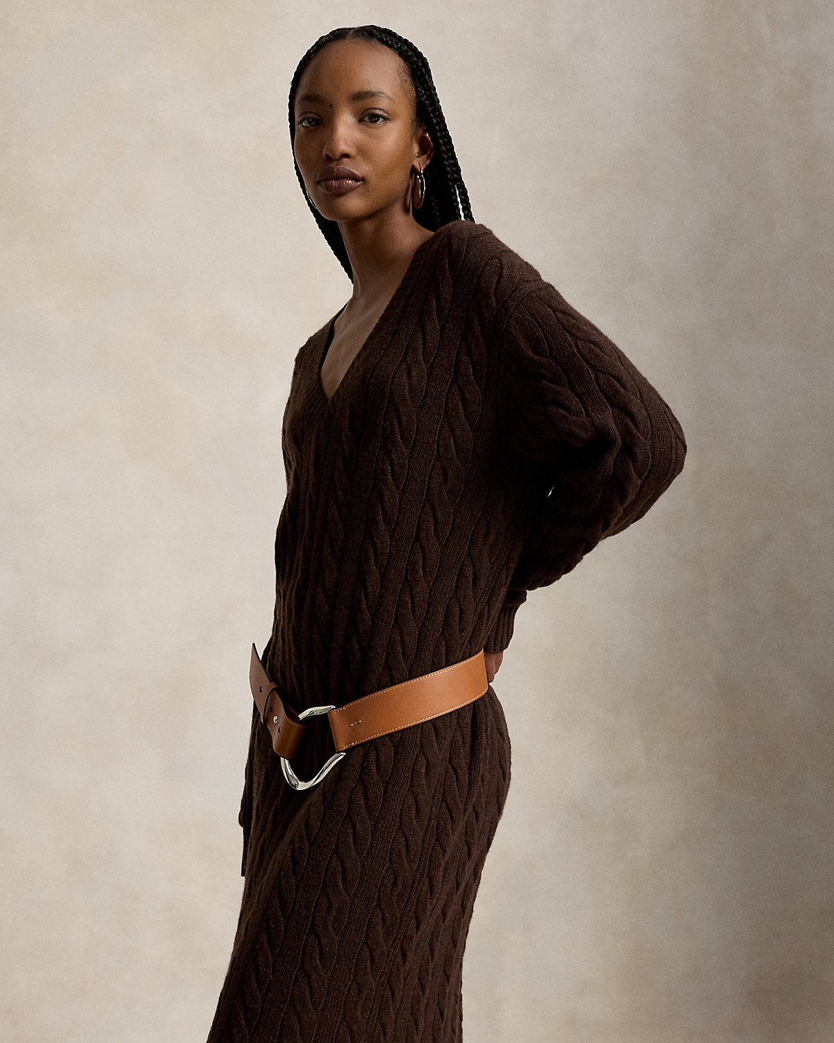 Cable-Knit V-Neck Sweater Dress