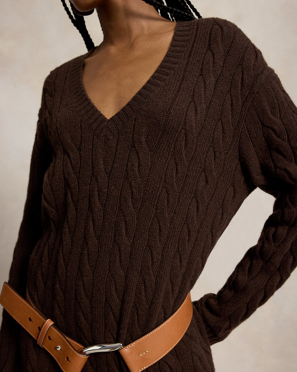 Cable-Knit V-Neck Sweater Dress