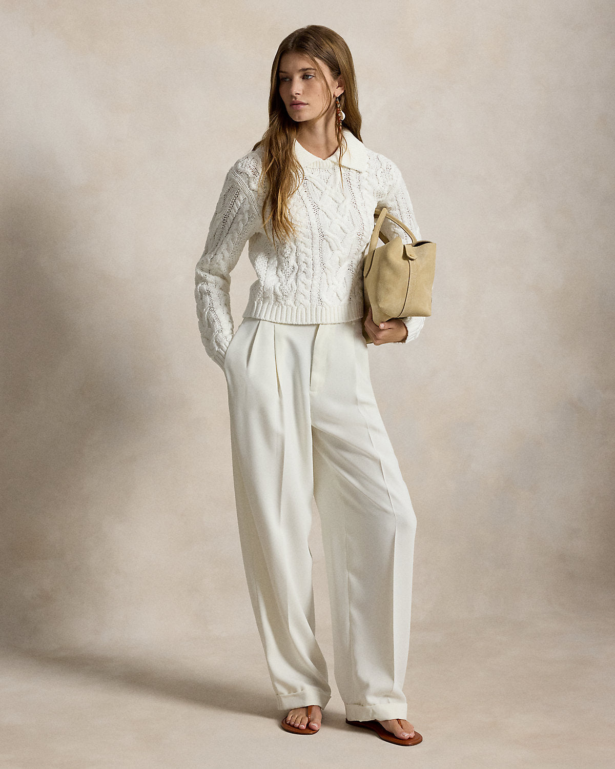 Aran-Knit Cotton Polo-Collar Sweater