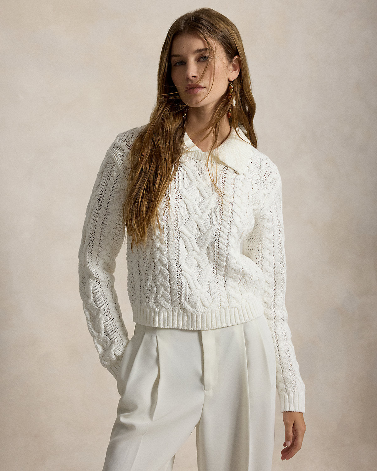 Aran-Knit Cotton Polo-Collar Sweater