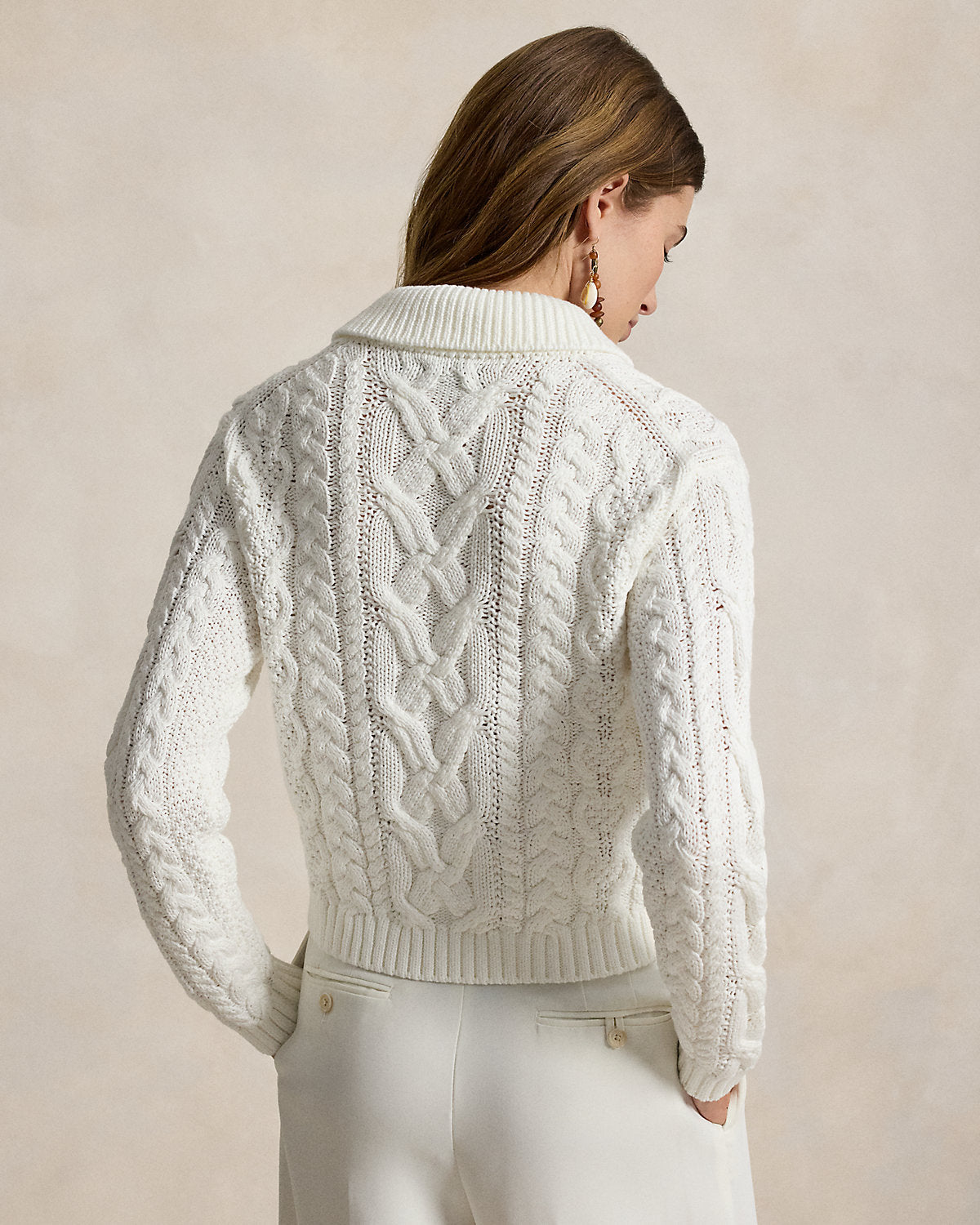 Aran-Knit Cotton Polo-Collar Sweater