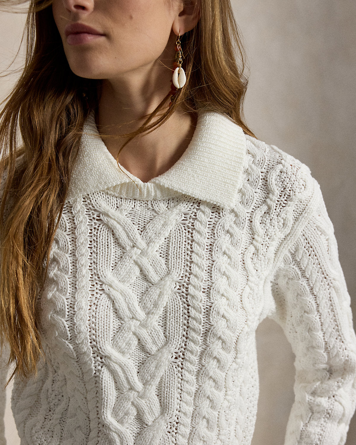 Aran-Knit Cotton Polo-Collar Sweater