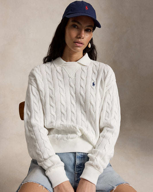 Cable-Knit Cotton Polo-Collar Sweater